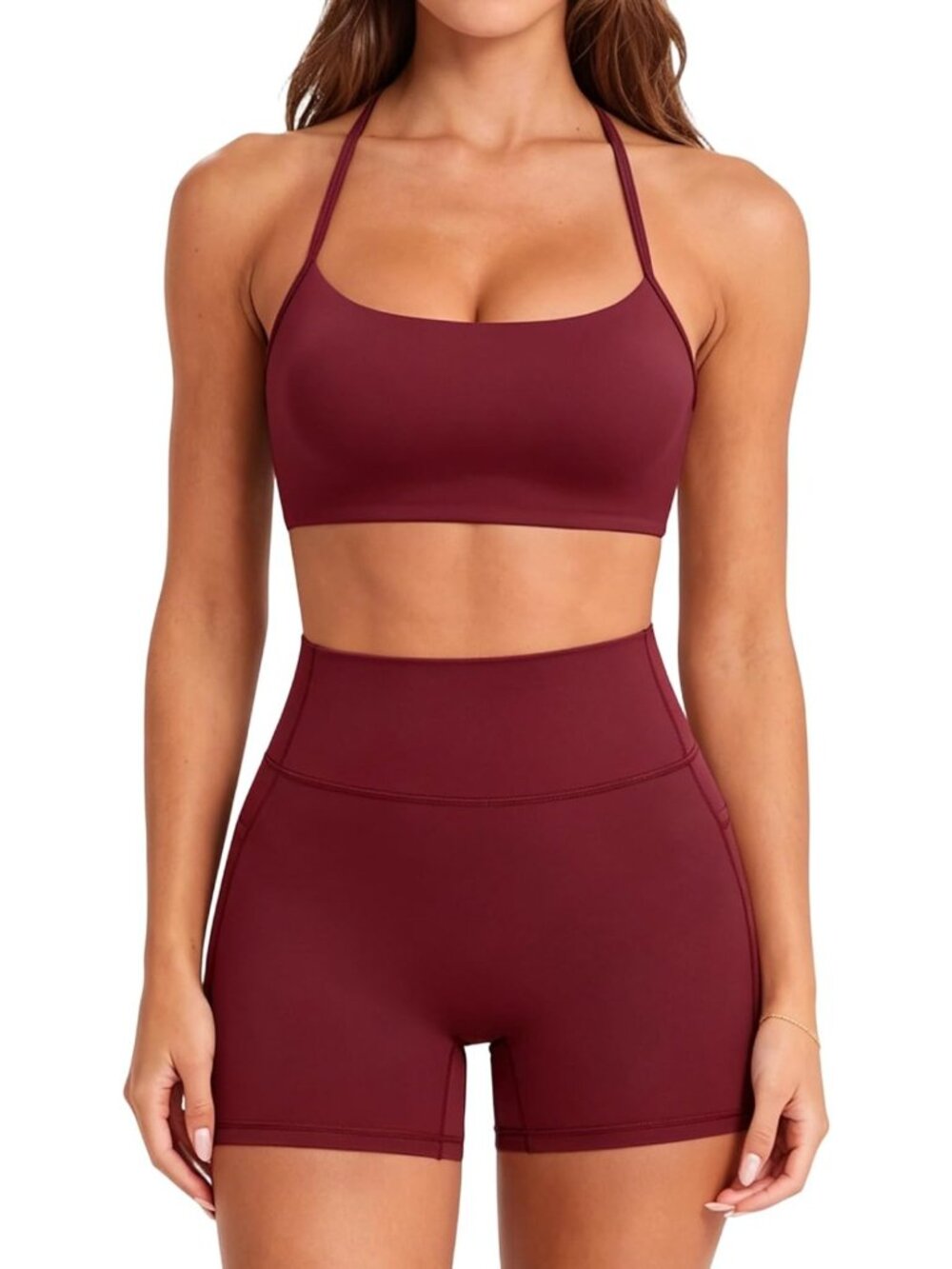 Women’s 2-Piece Workout Set: Padded Halter Sports Bra & High-Waisted Biker